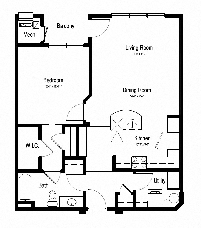 Floor plan for 1 bed, 1 bath, 898 sqft